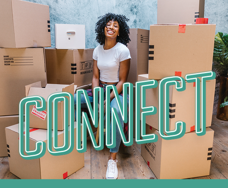 Department Image: CONNECT. Woman sitting on packed boxes