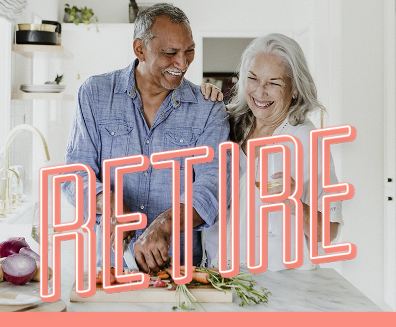 Department Image: RETIRE. Older couple cooking in their kitchen.