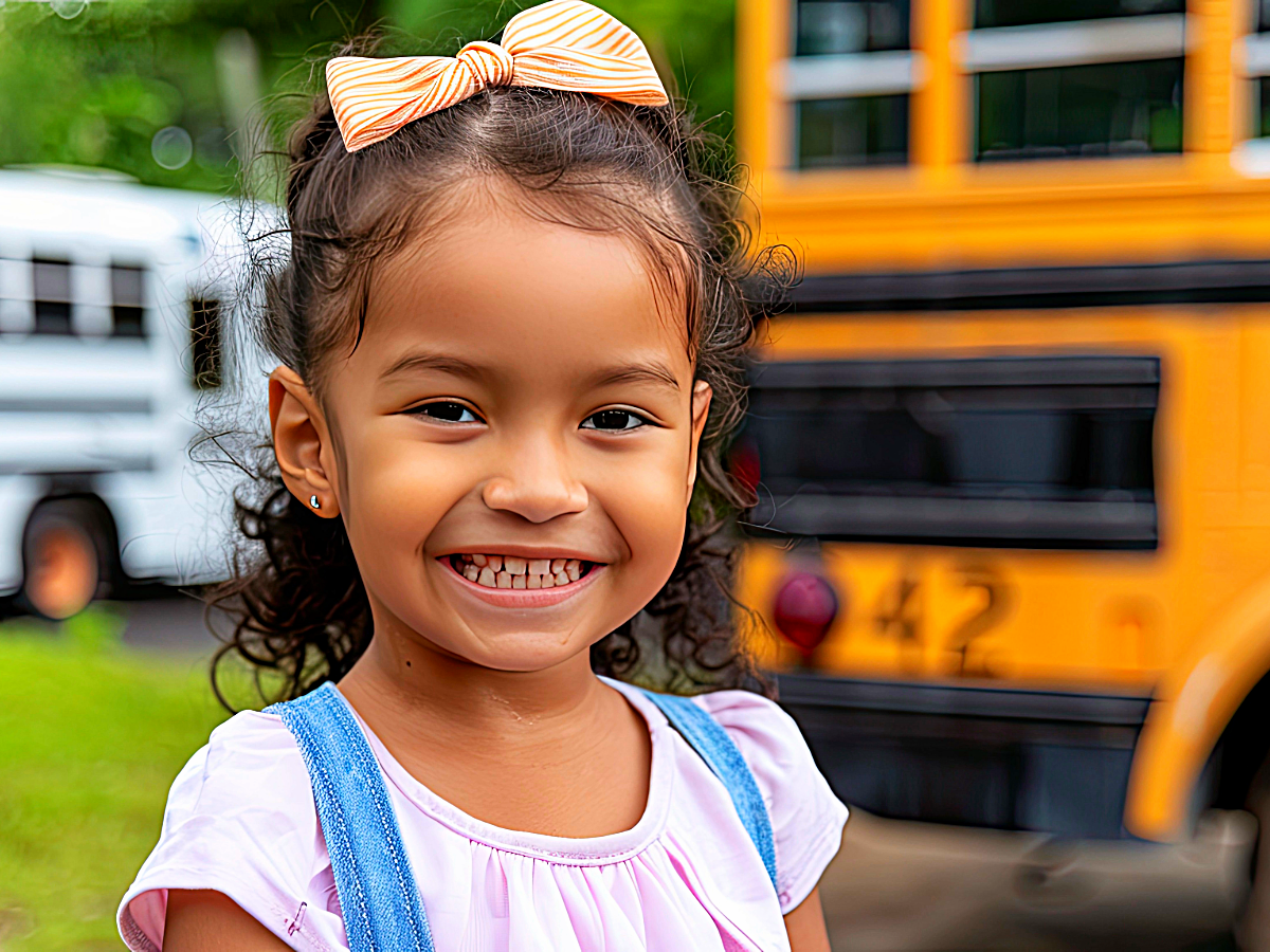 Young girl smiling with school bus in background.