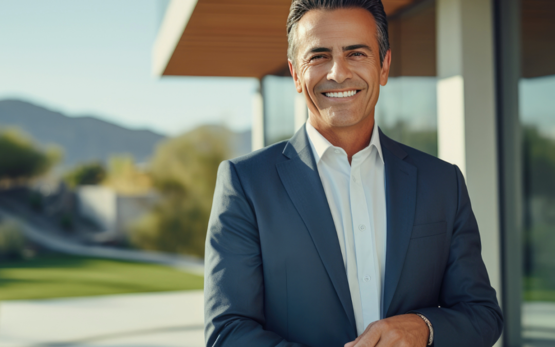 Male Realtor standing in front of Modern home.