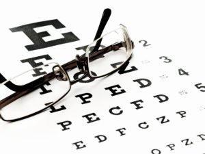 Eye chart with glasses sitting on top of it.