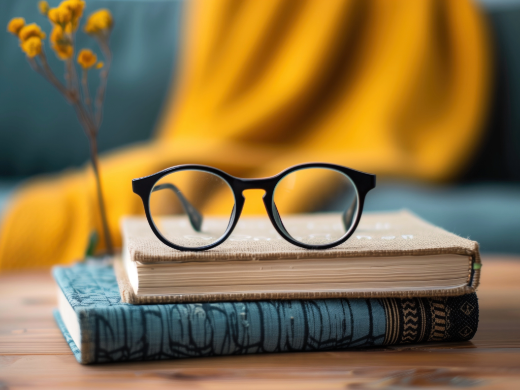 Books on a coffee table stacked with glasses on top. Blurred background with mustard yellow blanket on blue couch.