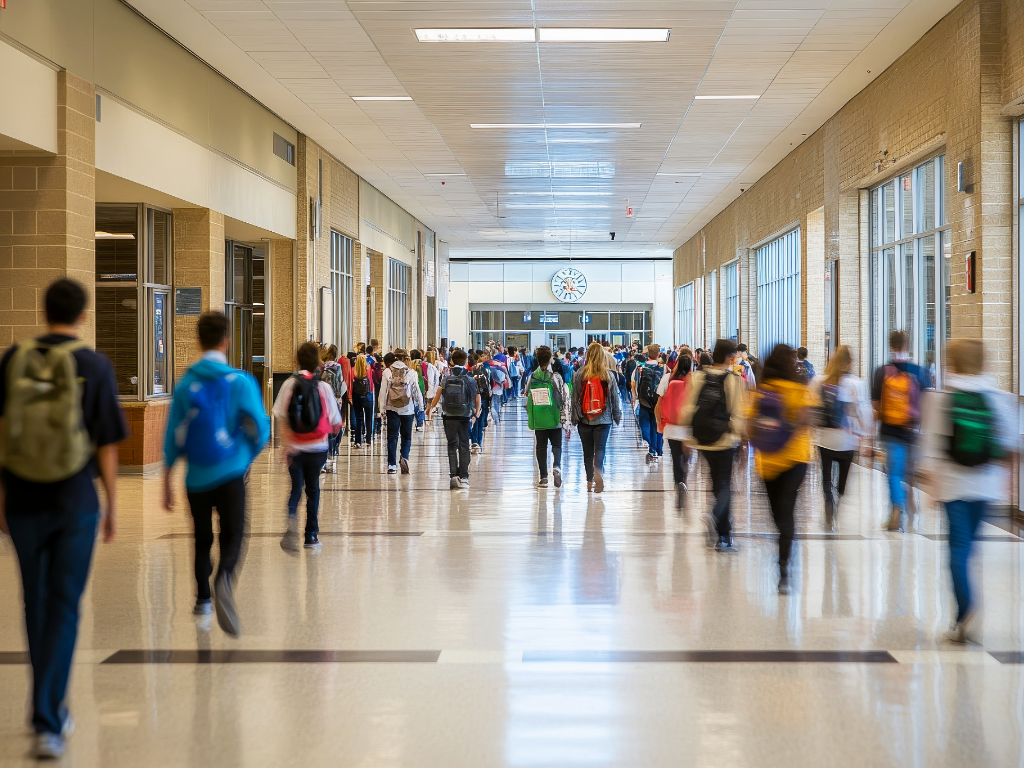 High School hallway with students heading to class.