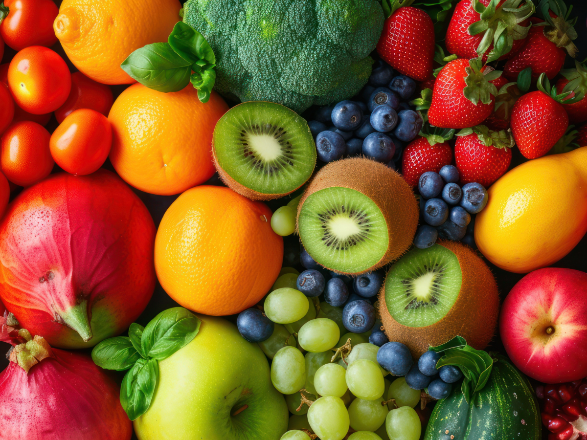 Close up of assorted and colorful nutritious fruits and vegetables.